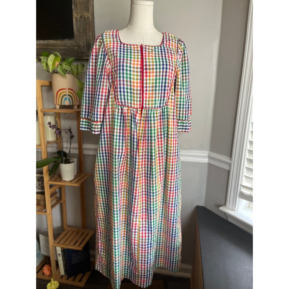 Vintage 70s Rainbow Plaid Dressing Gown Nightgown Gingham Size Small
